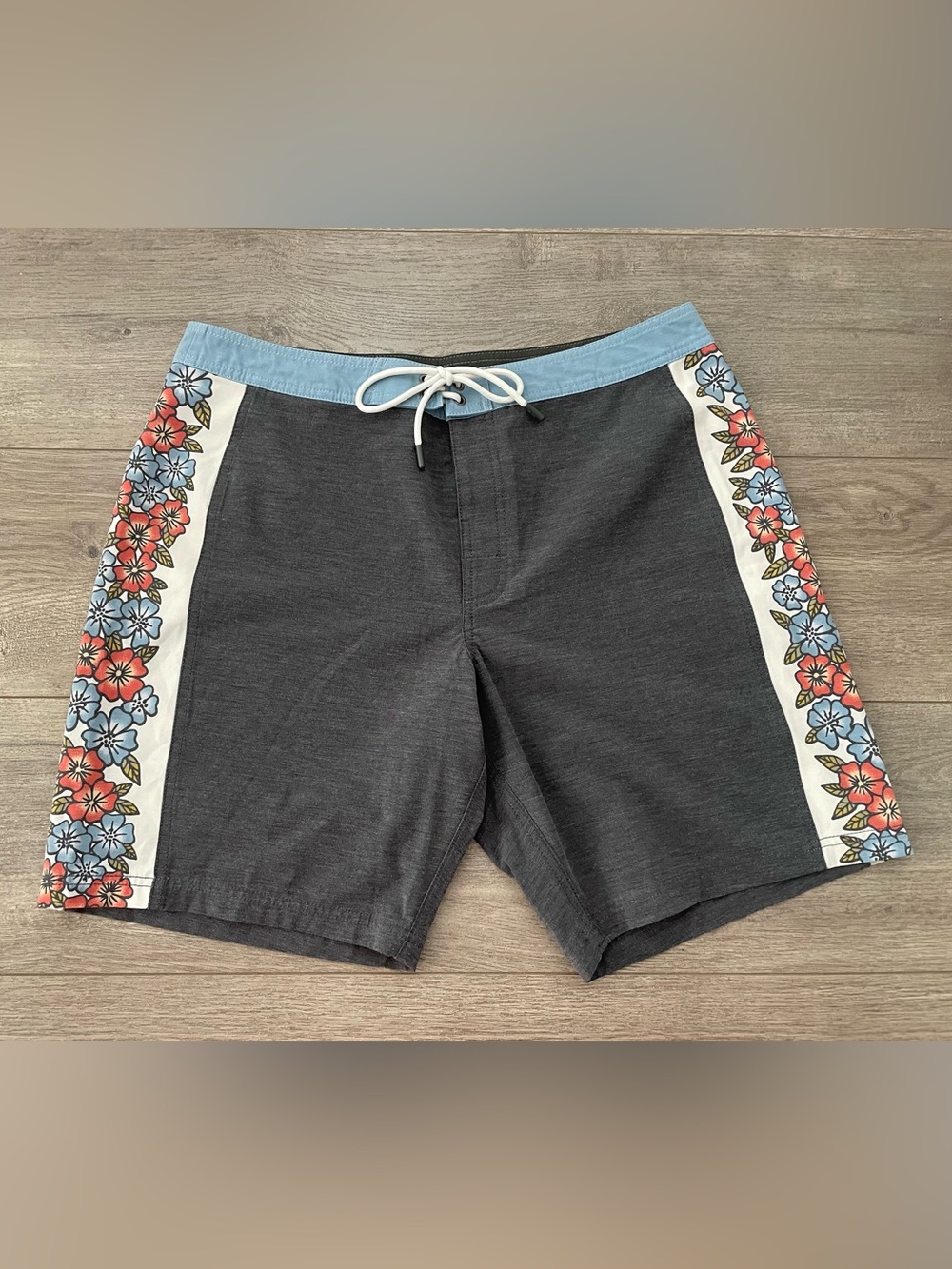 Katin Gray Board Shorts w/ Blue Waistband and Floral Side Panels